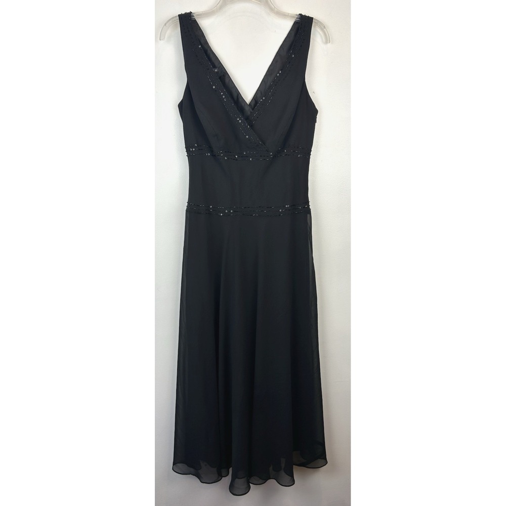 Chiffon Cocktail Dress Womens 12 Black Event Beaded Lined Flowy Black Tie Read